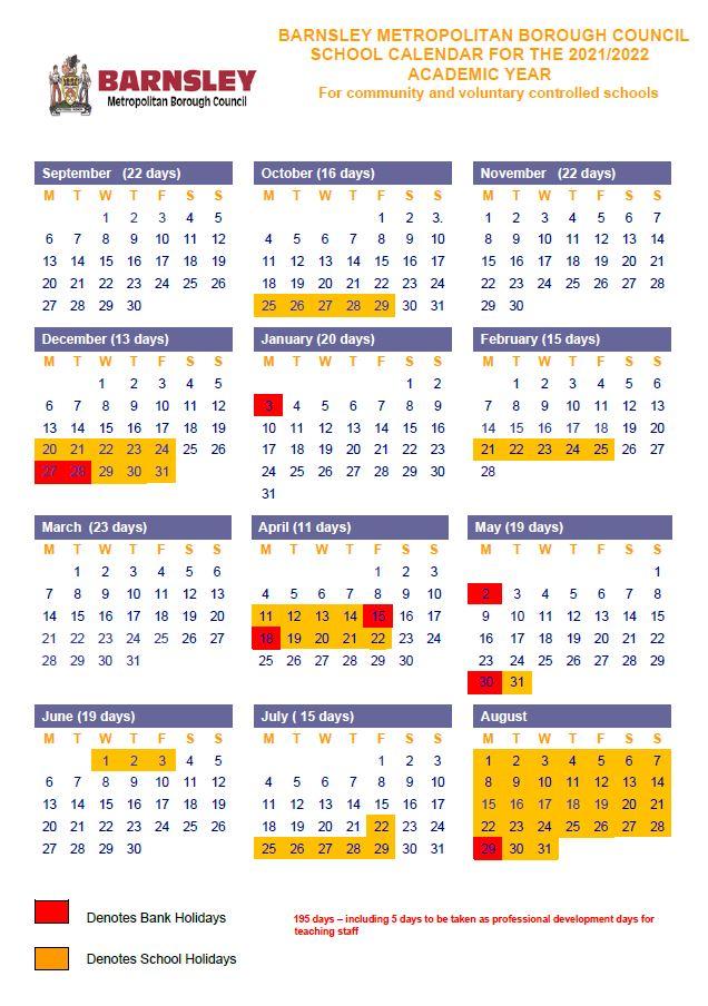 Barnsley School Holiday Calendar for 2021/2022